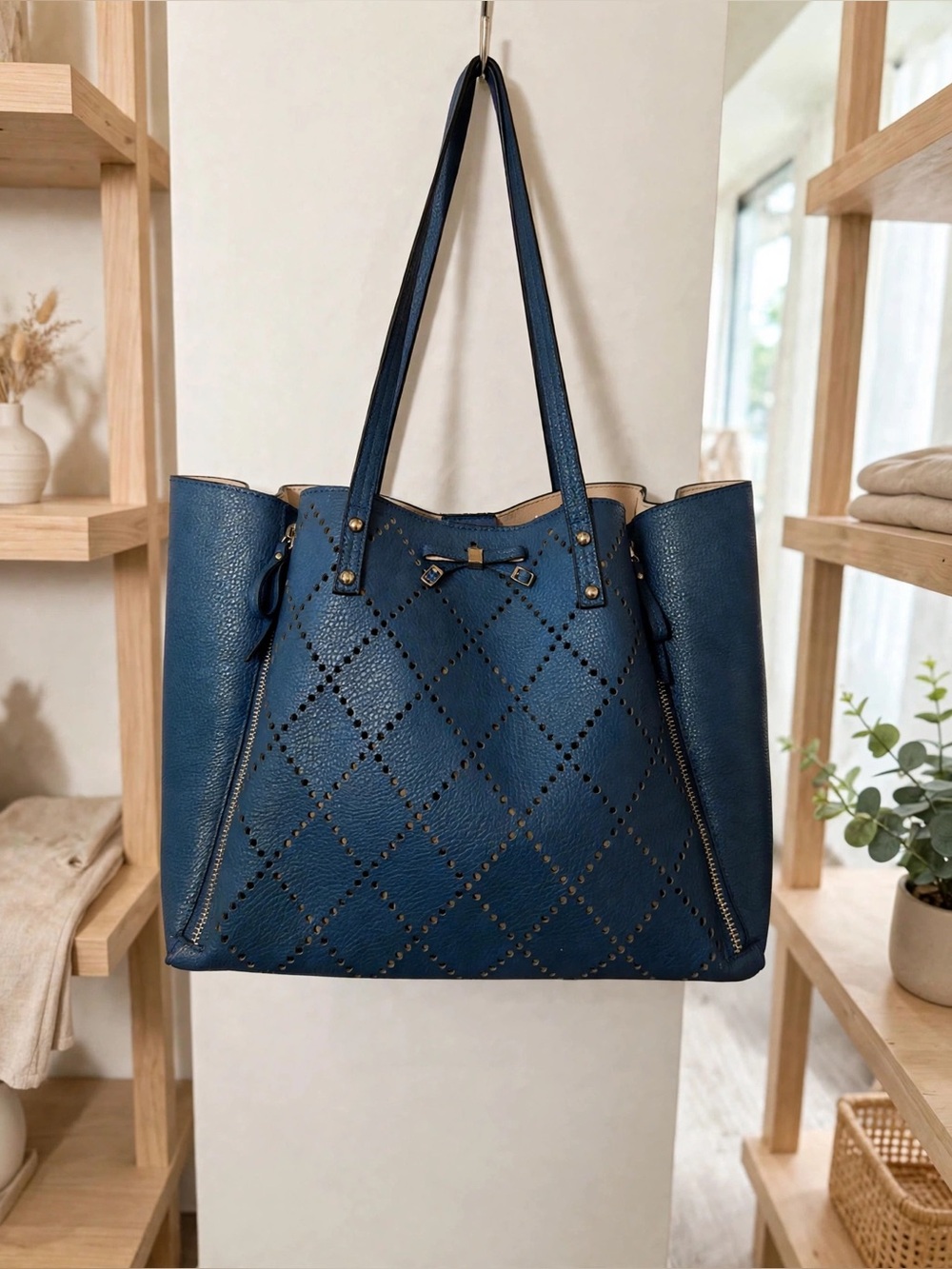 Jessica Simpson Perforated Diamond-Cutout Shoulder Tote - Blue, 15x10x5